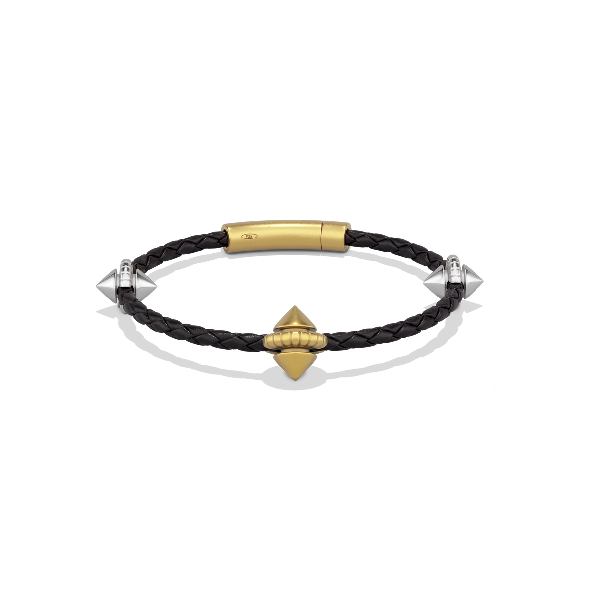 Harlow Stud Leather Bracelet, a black braided leather cord with a gold signature stud and silver studs, front view