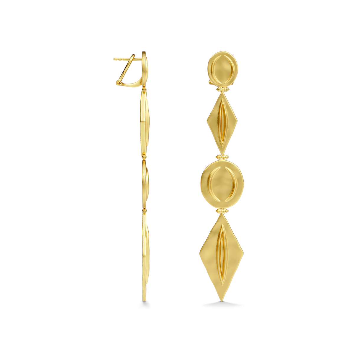 Side profile of the Harlow Arch Drop Earrings in 14k gold plate, showing the post and drop