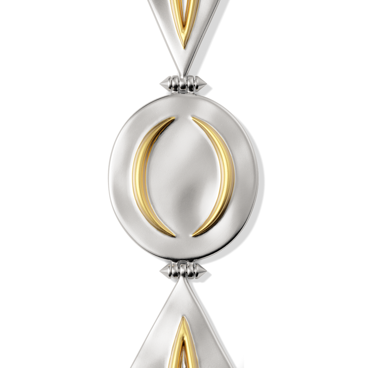 Close-up of the hammered disc and arch elements on the Harlow Arch Drop Earrings in sterling silver