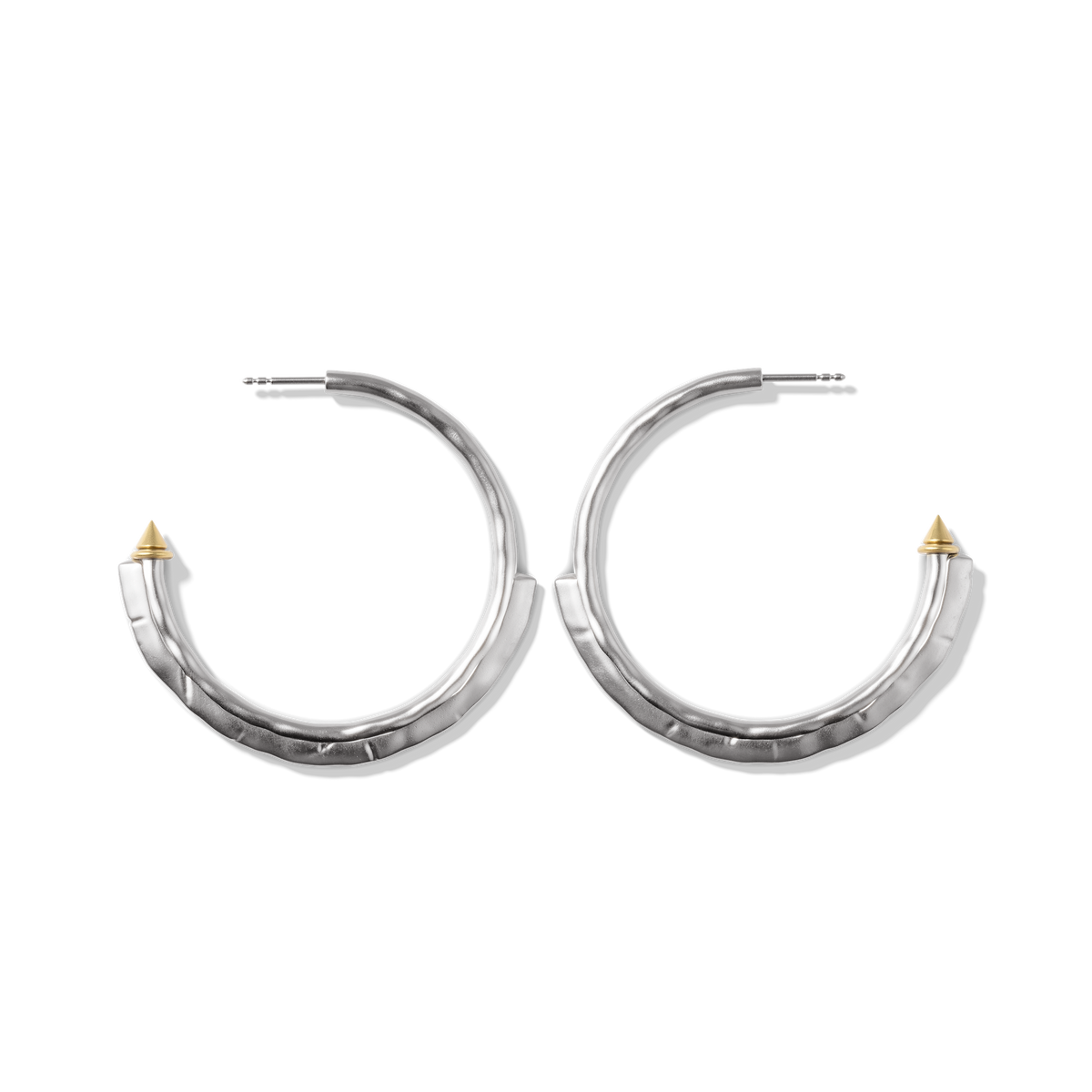 Harlow Arch Hoop Earrings in sterling silver, open hoops with a hammered arch and a pointed stud end