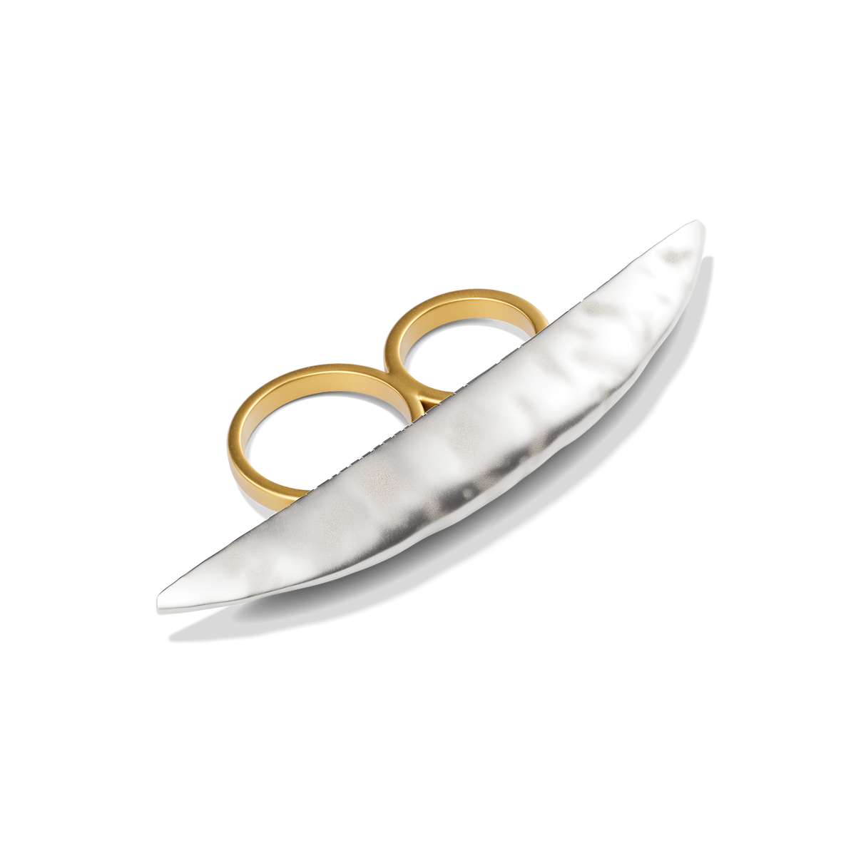 Harlow Arch Cross Finger Ring at a three-quarter angle, showing the hammered arch and double gold bands