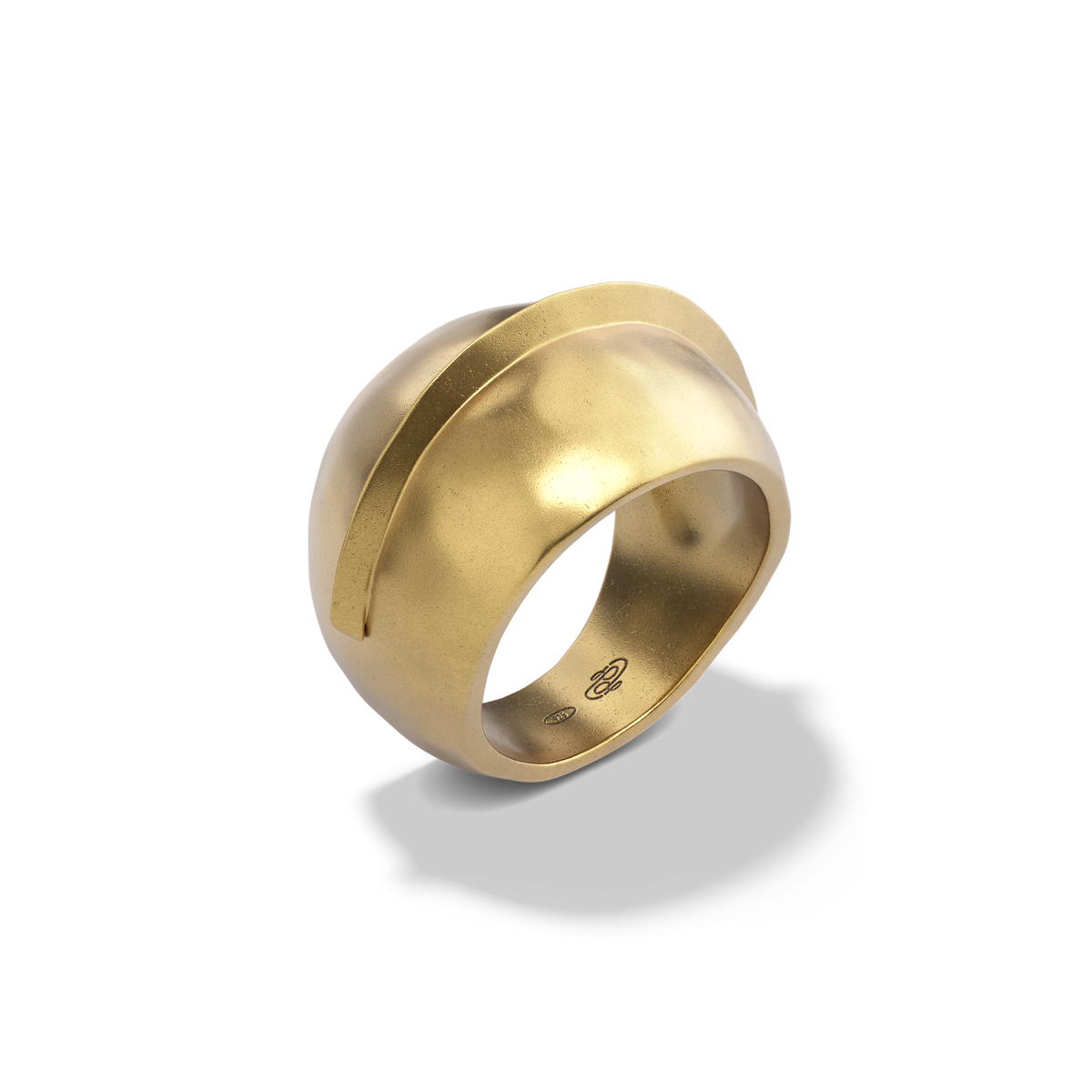 Harlow Arch Ring in 14k gold plate at a three-quarter angle, showing the arch band wrapping the dome