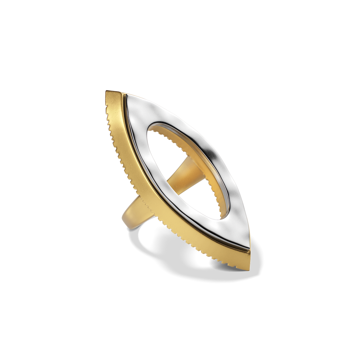 Harlow Open Arch Ring at a three-quarter angle, showing the gold edge and hammered silver face
