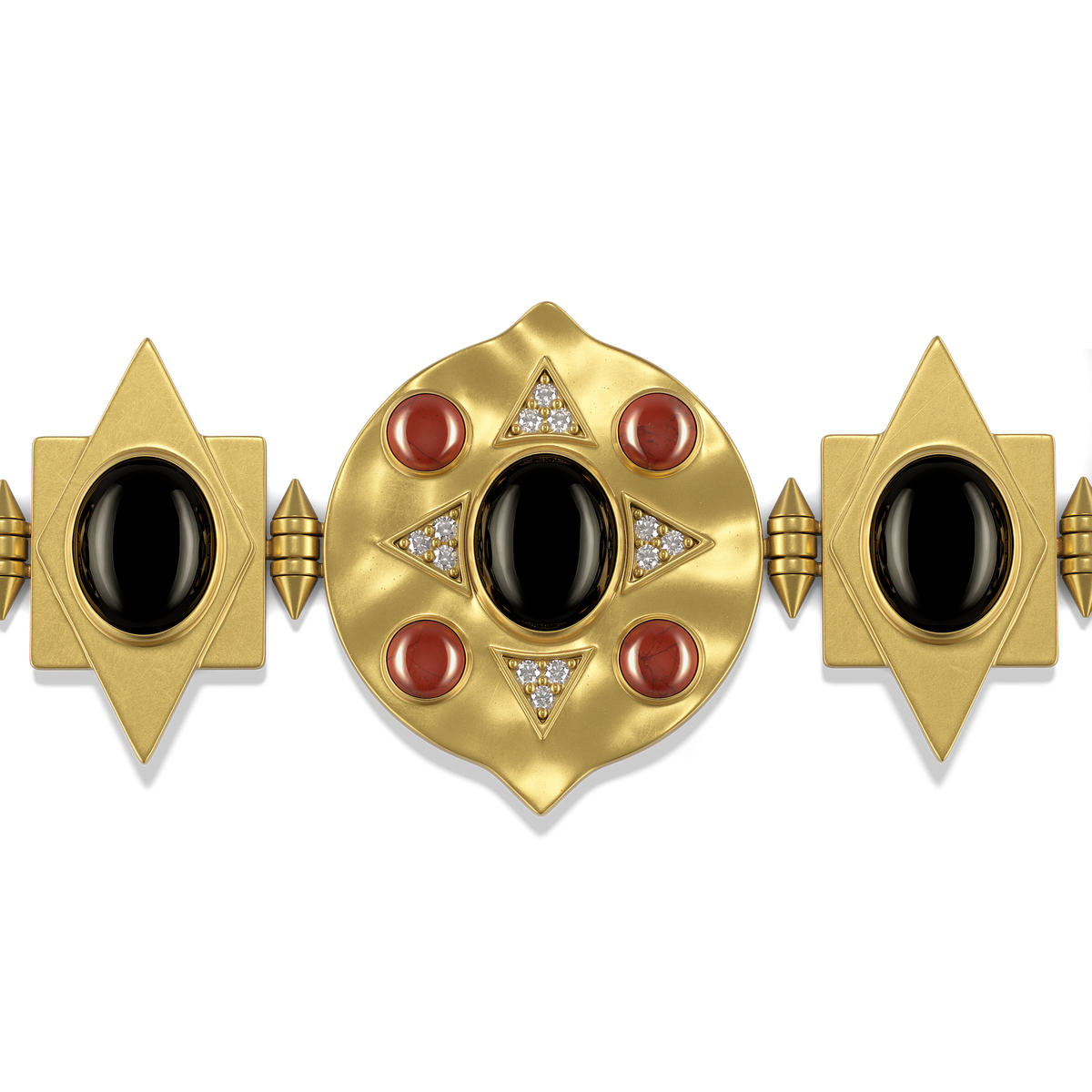 Close-up of the Hathor Hinged Bracelet, a black onyx cabochon framed by red jasper and white stone accents