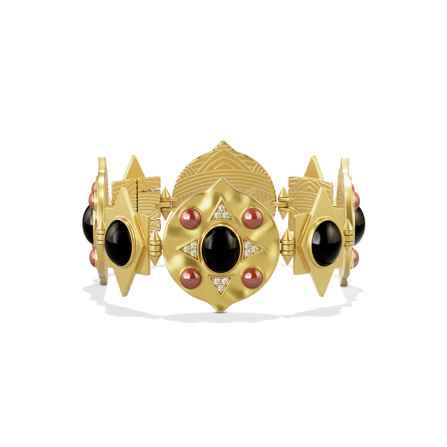Hathor Hinged Bracelet shown front on, gold links set with black onyx and red jasper cabochons