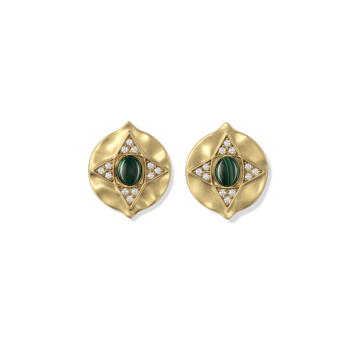 Hathor Stud Earrings in malachite, gold shield studs with a malachite cabochon centre and white stone points