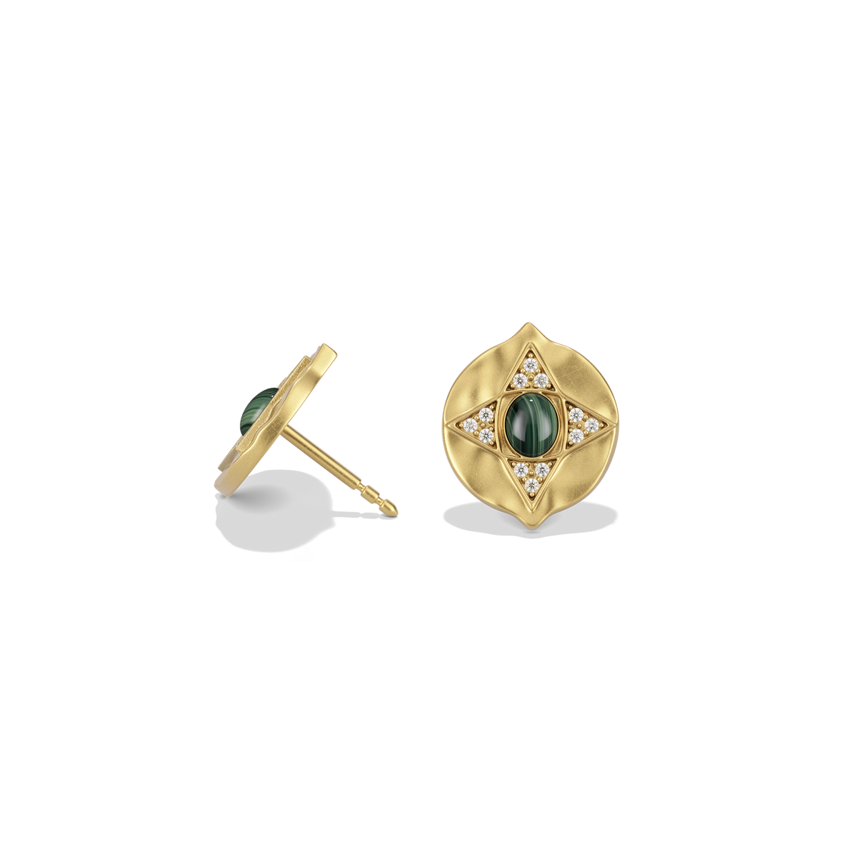 Side profile of the Hathor Stud Earrings in malachite, showing the post