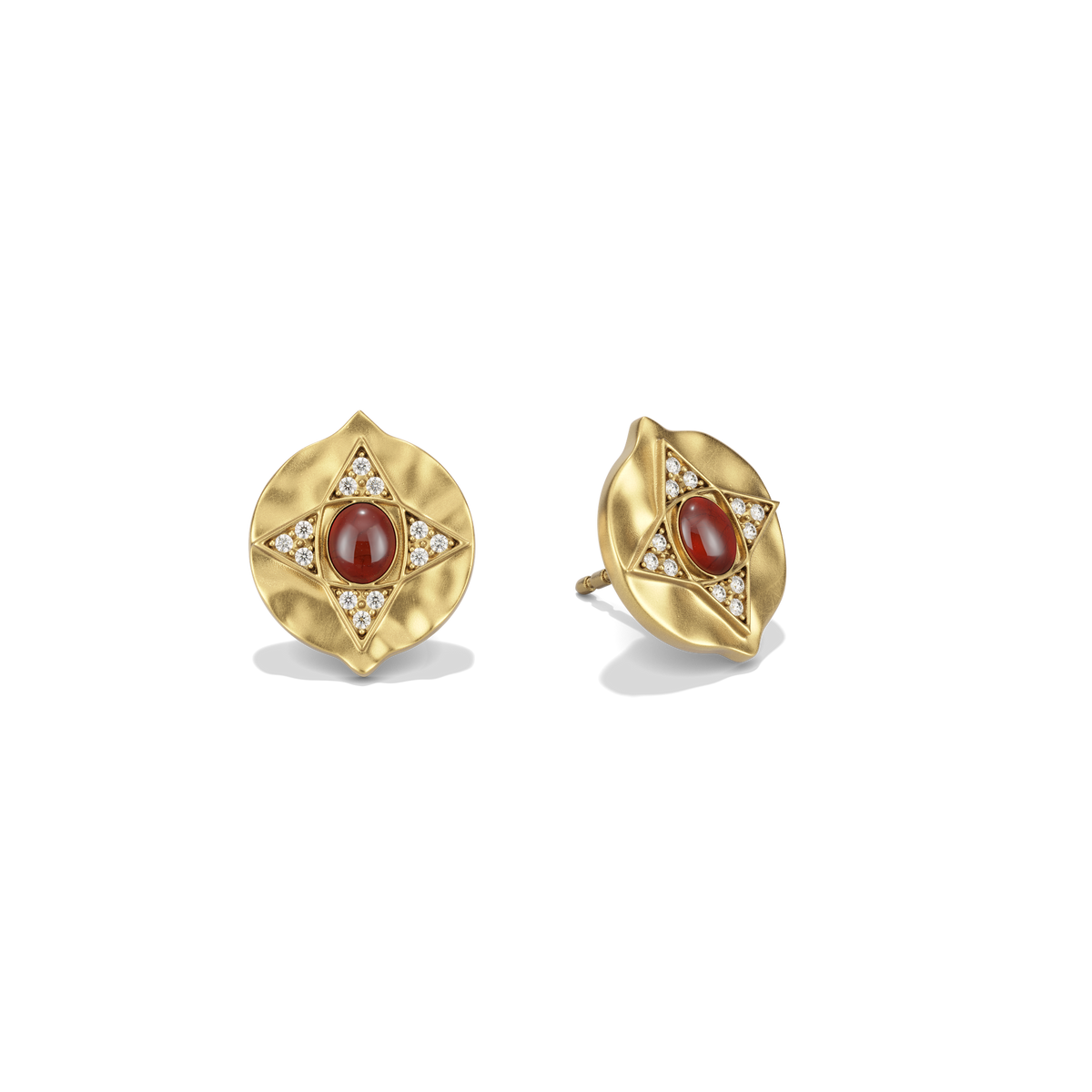 Hathor Stud Earrings in red jasper at a three-quarter angle, showing the raised gold shield