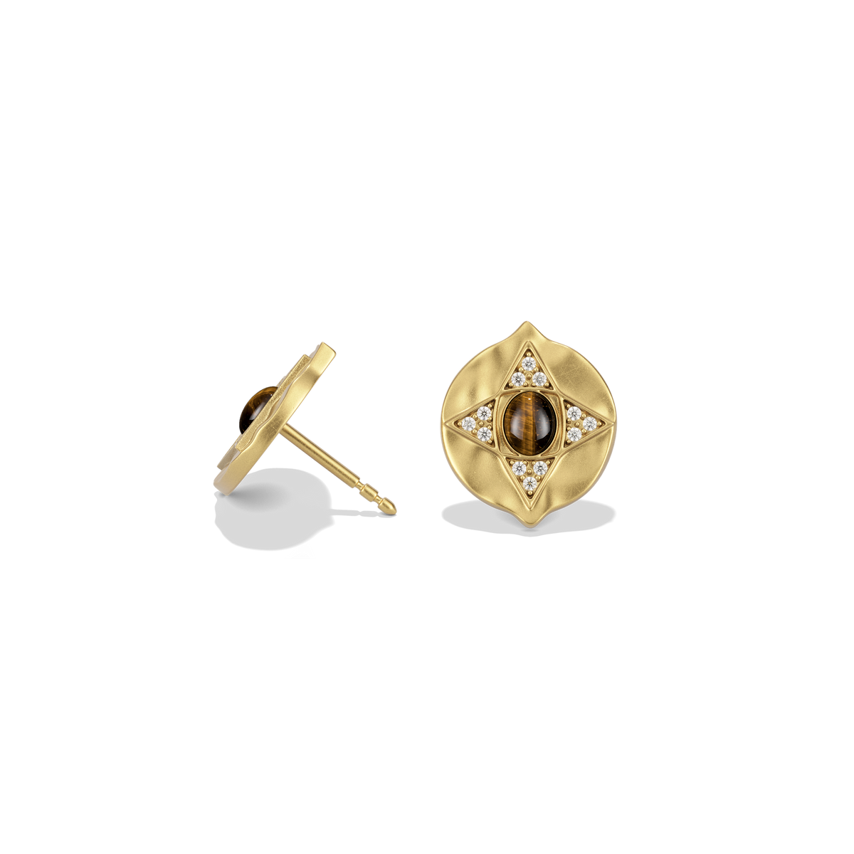 Side profile of the Hathor Stud Earrings in tiger's eye, showing the post