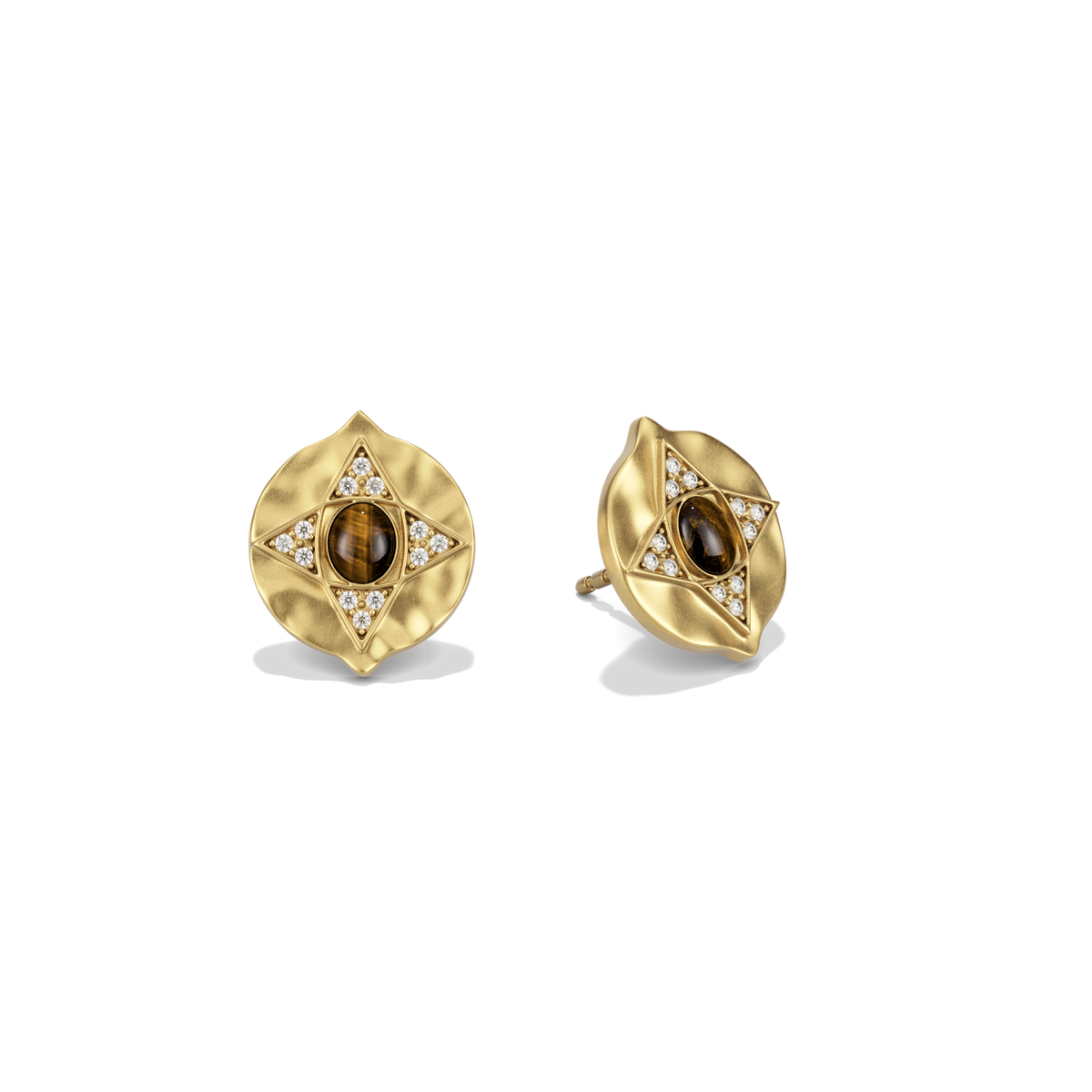 Hathor Stud Earrings in tiger's eye at a three-quarter angle, showing the raised gold shield