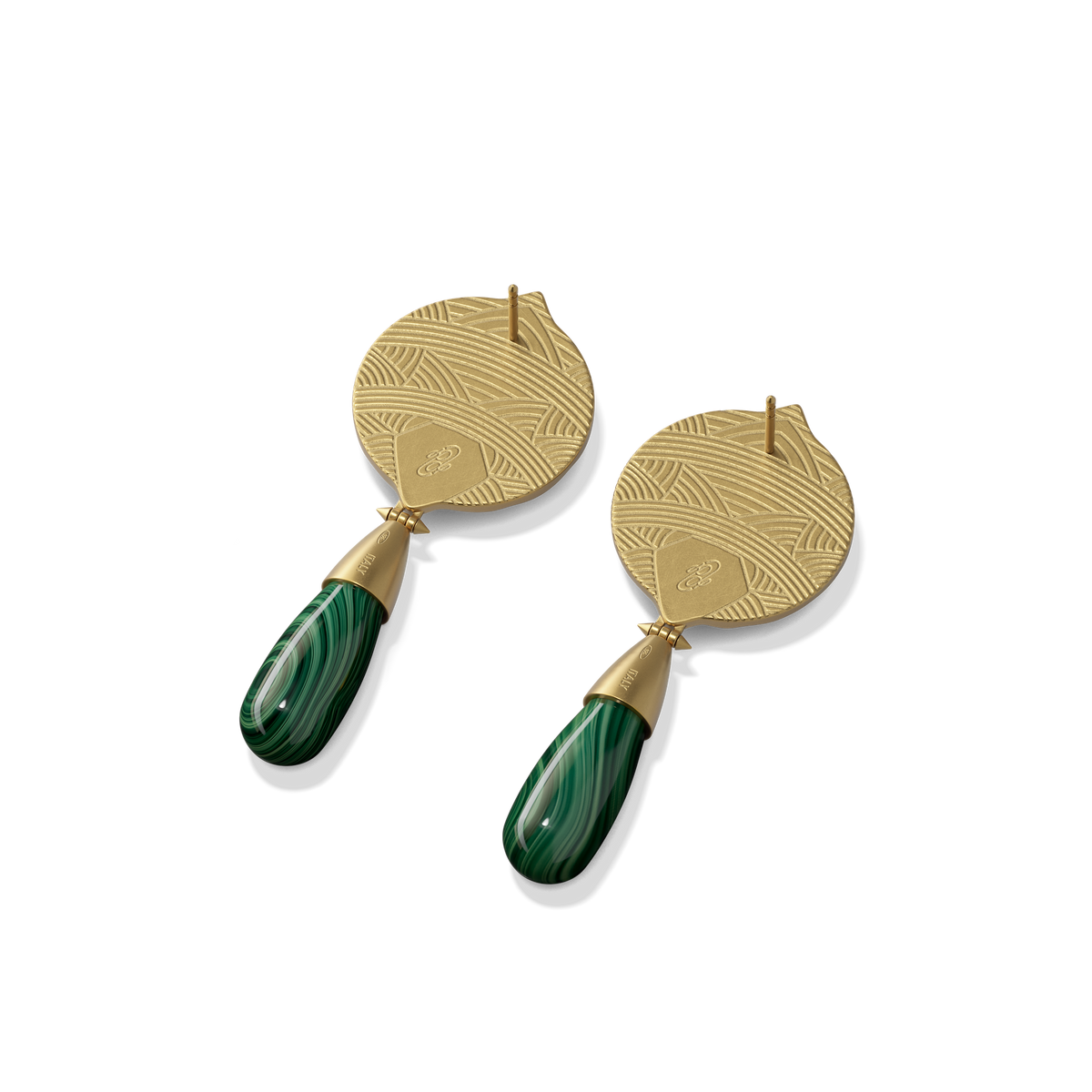Reverse of the Hathor Teardrop Earrings in malachite, showing the gold back and post