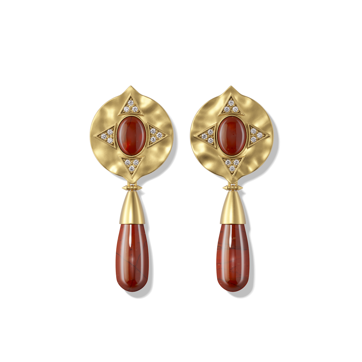 Hathor Teardrop Earrings in red jasper, gold shield tops above red jasper teardrop drops