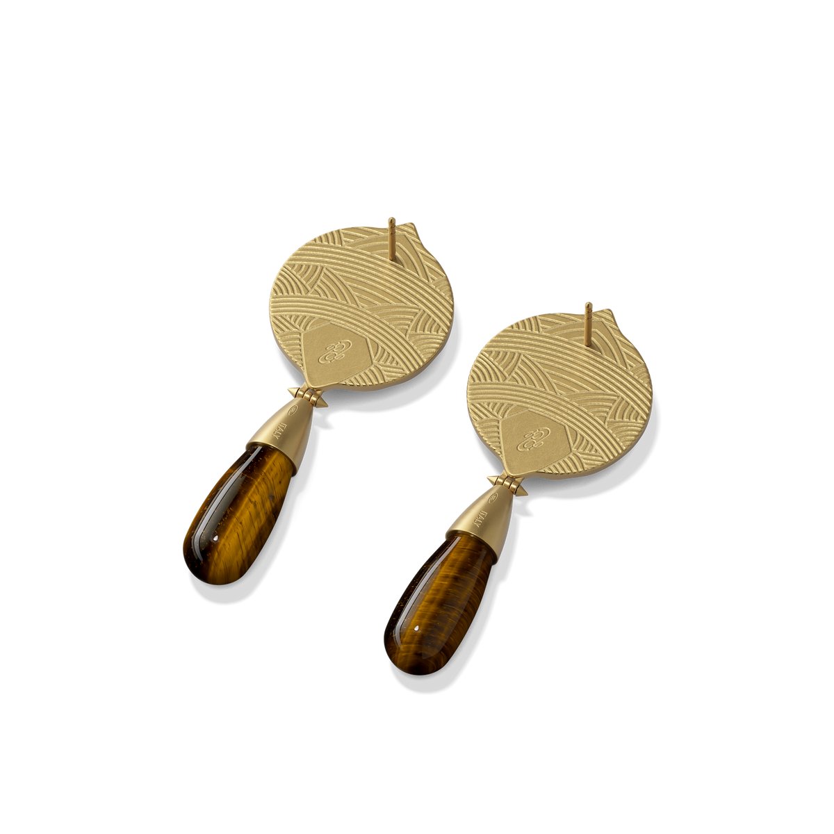 Reverse of the Hathor Teardrop Earrings in tiger's eye, showing the gold back and post