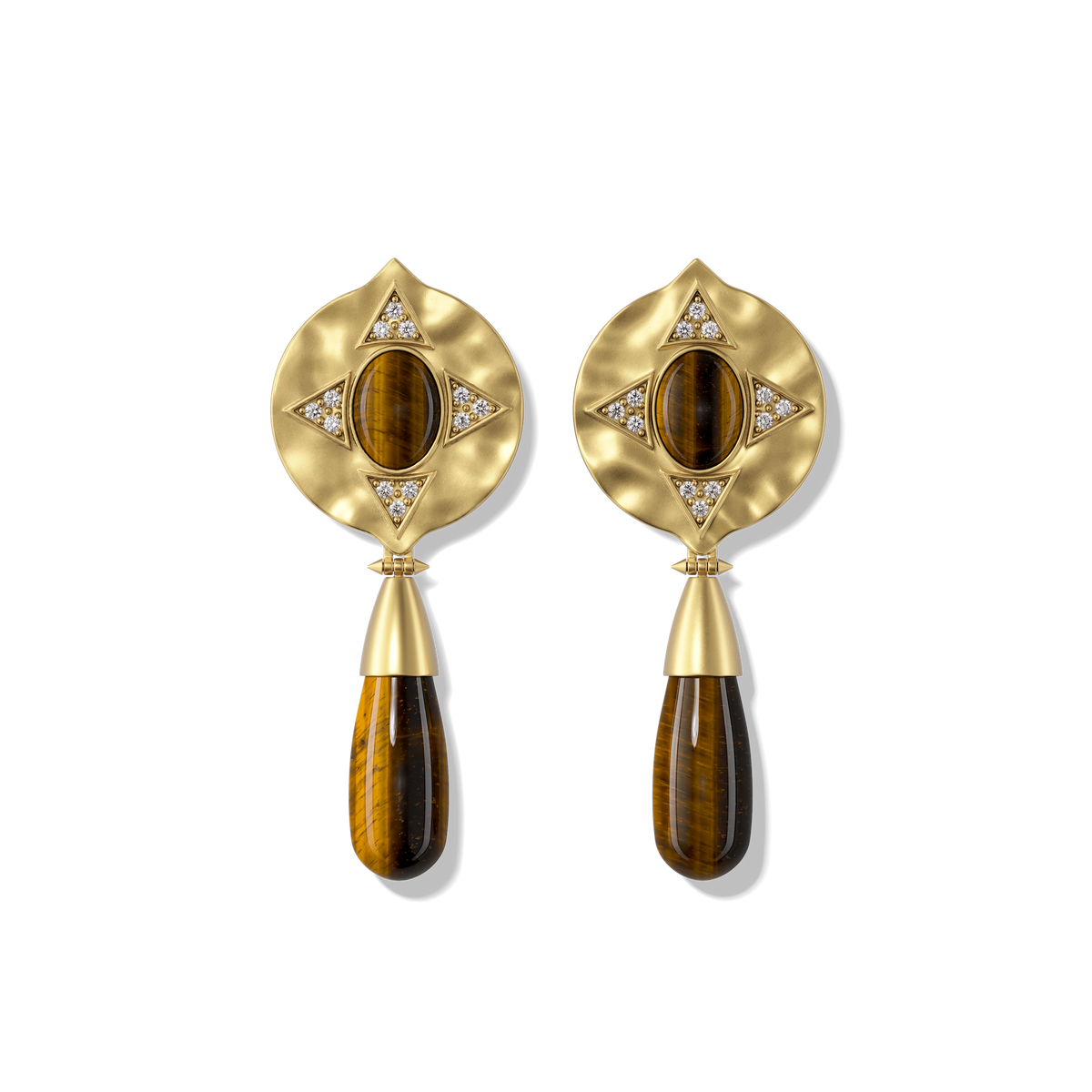 Hathor Teardrop Earrings in tiger's eye, gold shield tops above tiger's eye teardrop drops