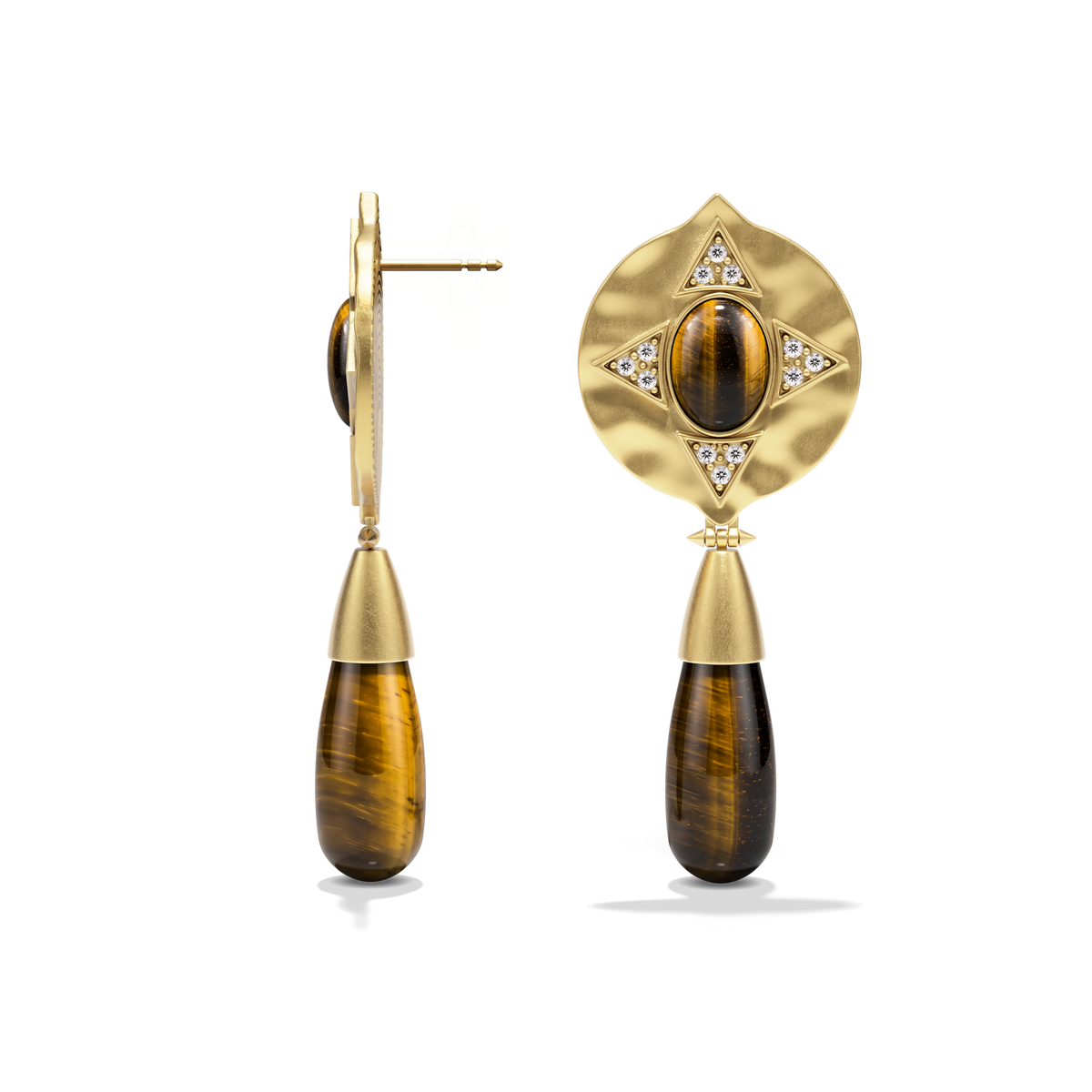 Side profile of the Hathor Teardrop Earrings in tiger's eye, showing the post and drop