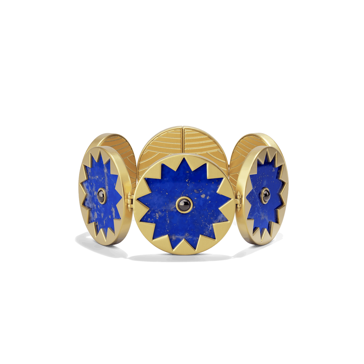 Sunburst Statement Bracelet in 14k gold plate with linked lapis suns and black onyx centers, front view