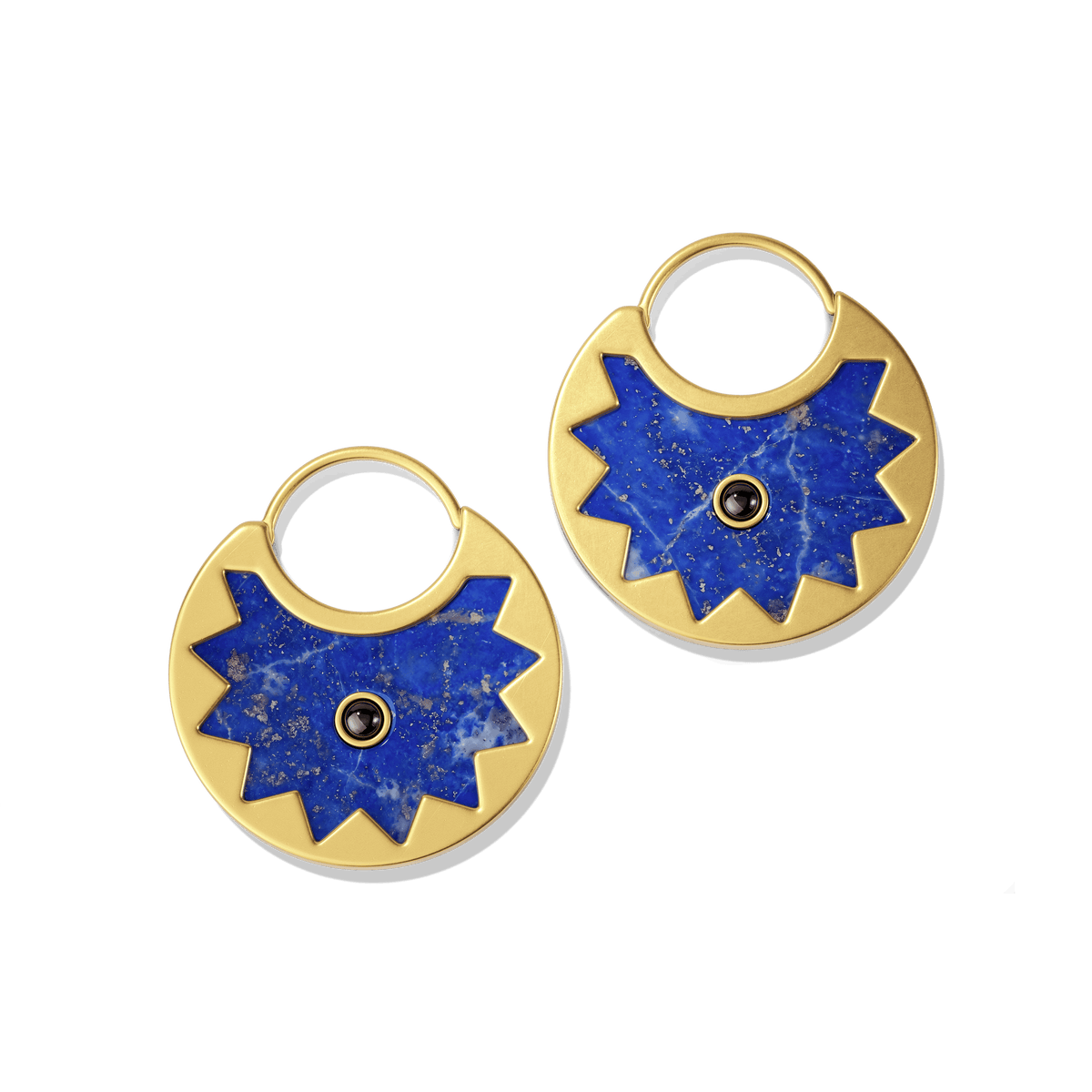 Sunburst Huggie Earrings in 14k gold plate with a lapis half-sun and black onyx center on a slim hoop, front view