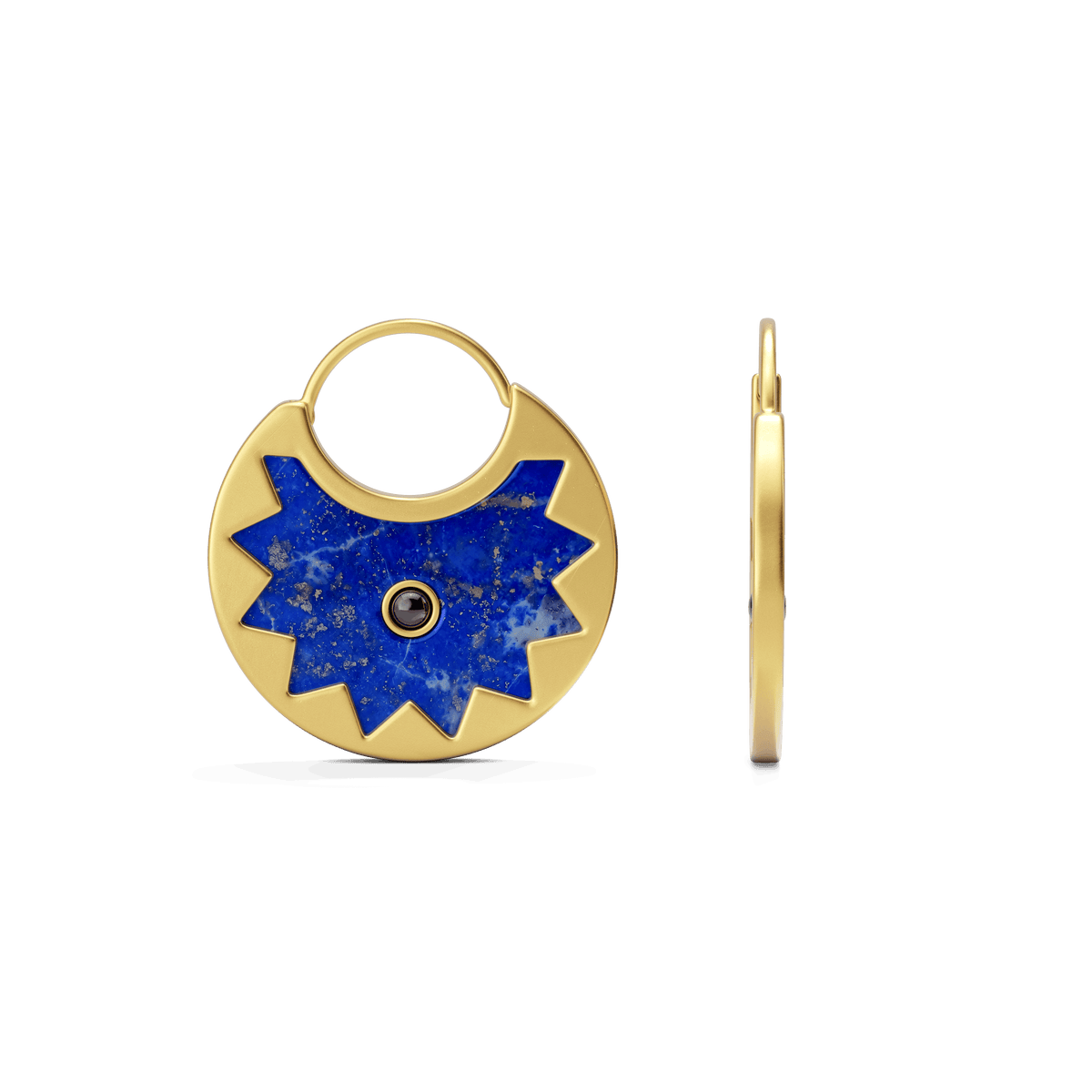 Sunburst Huggie Earrings in 14k gold plate with a lapis half-sun and black onyx center on a slim hoop, side view