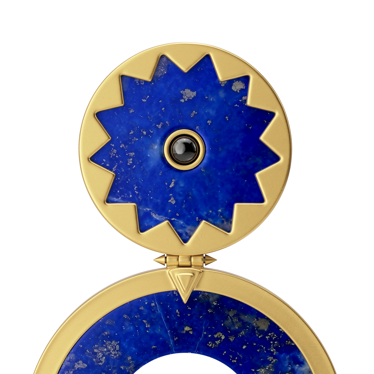 Sunburst Statement Earrings in 14k gold plate, close-up of the lapis sun and the open lapis disc below