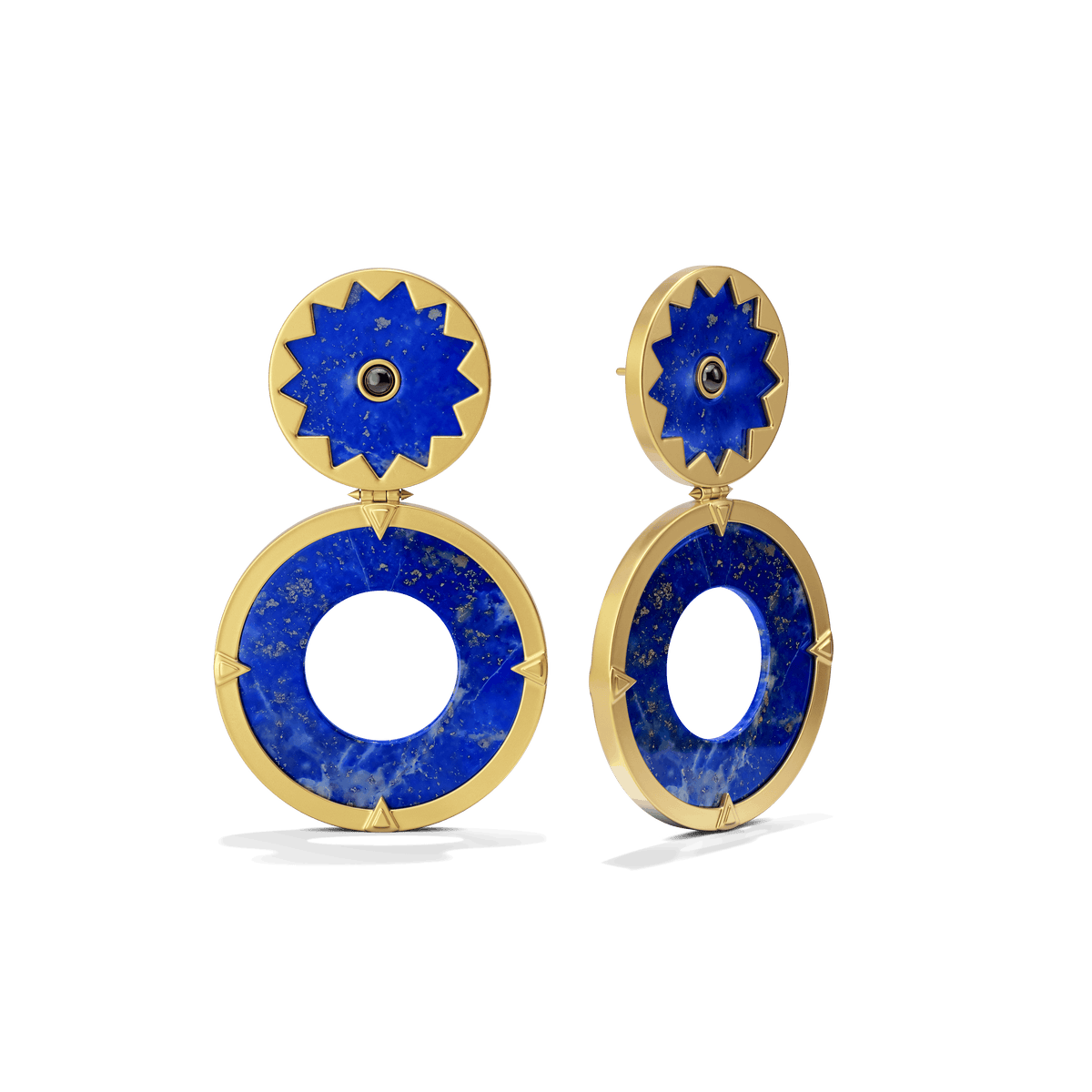 Sunburst Statement Earrings in 14k gold plate with a lapis sun and black onyx center over an open lapis disc, three-quarter view