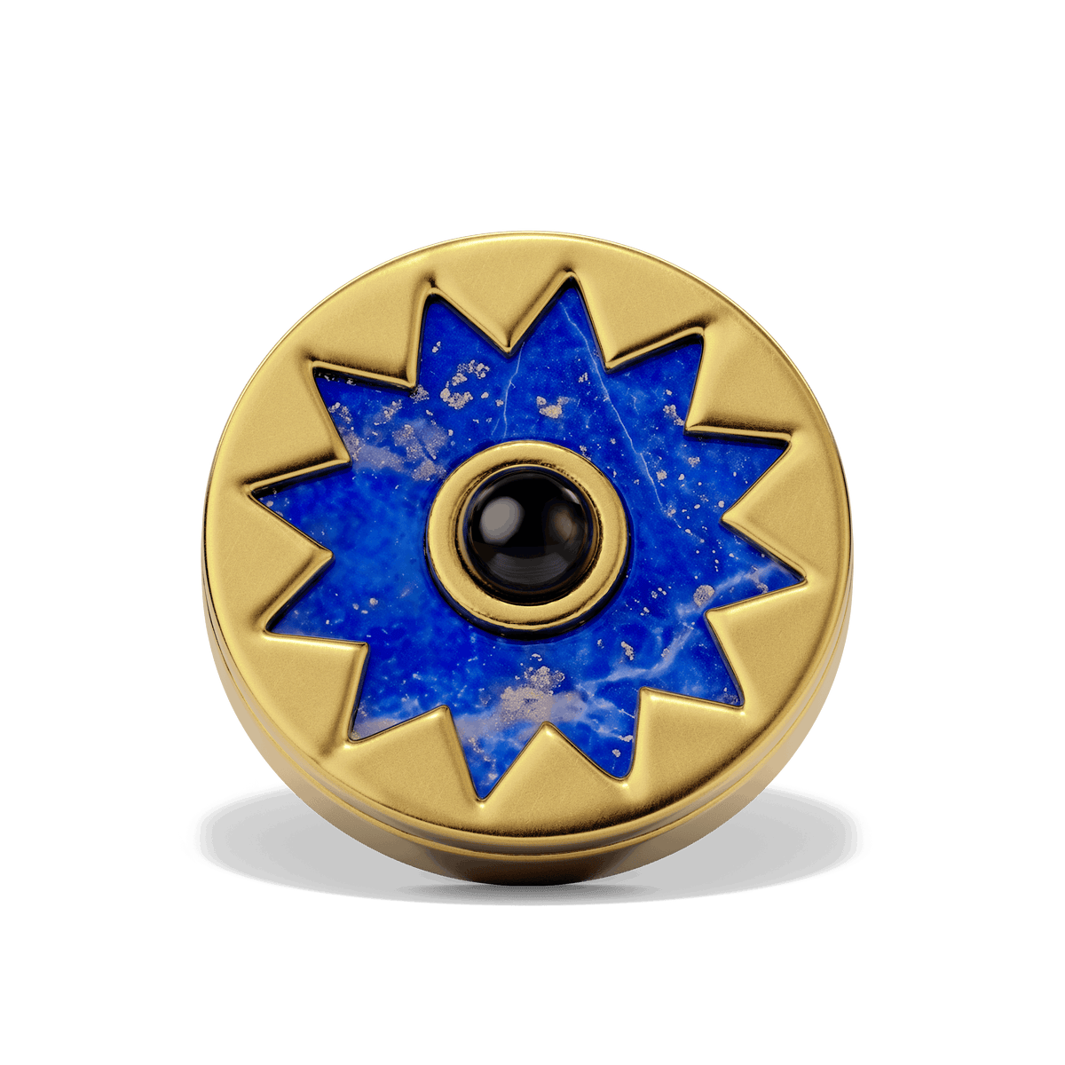 Sunburst Stud Earrings in 14k gold plate, close-up of the lapis sun medallion with its black onyx center