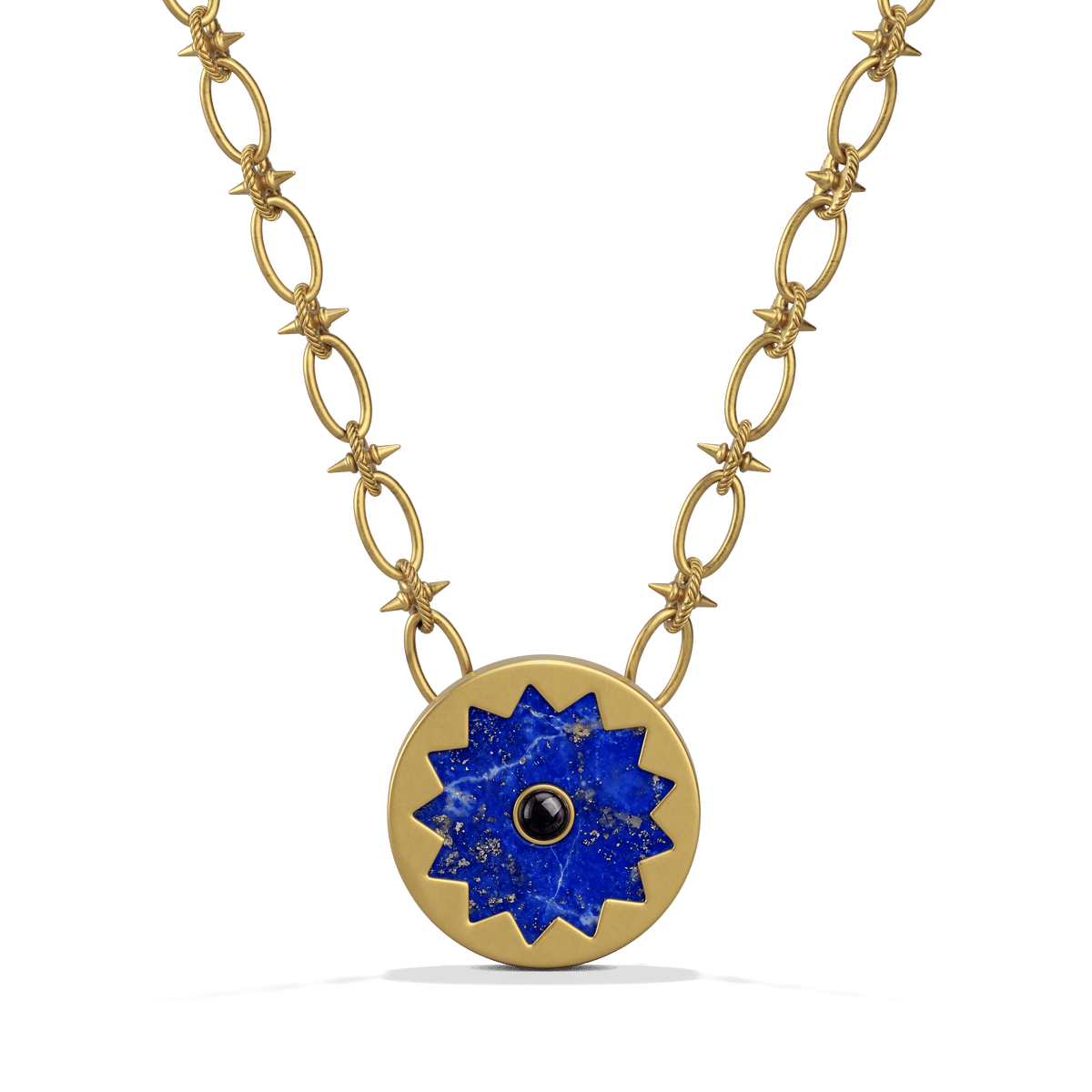 Sunburst Pendant Necklace in 14k gold plate with a lapis and black onyx sun medallion on a spiked link chain, front view #color_14k Gold Plated Sterling Silver