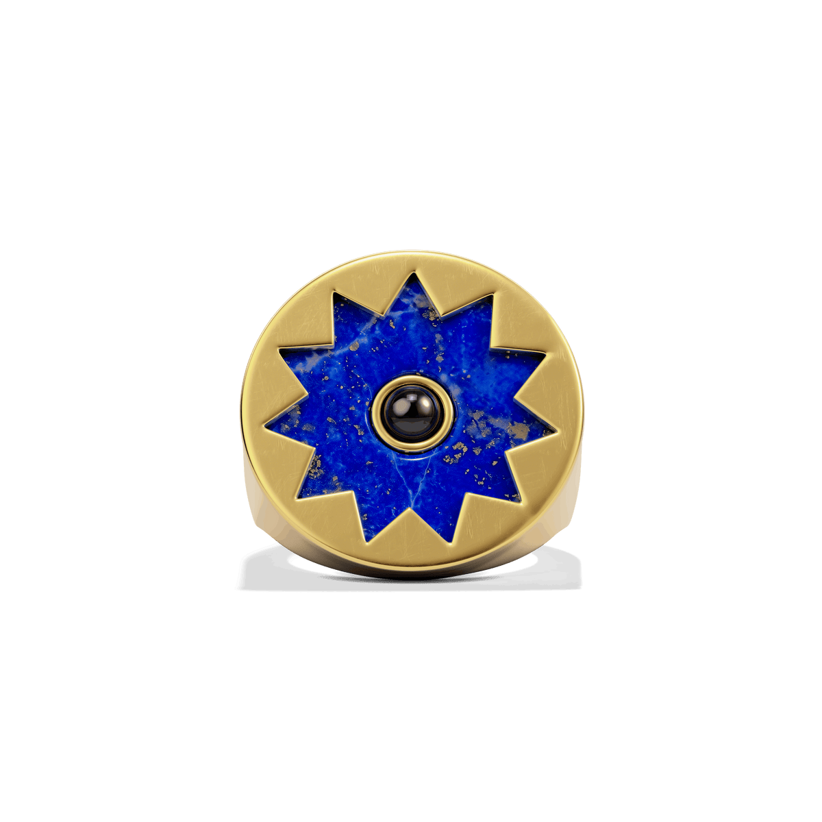 Sunburst Signet Ring in 14k gold plate with a lapis sun and black onyx center on a flat signet face, front view