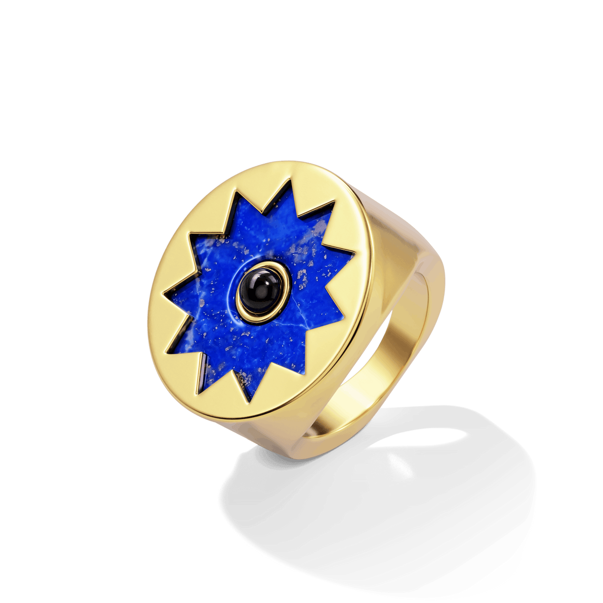 Sunburst Signet Ring in 14k gold plate with a lapis sun and black onyx center on a flat signet face, upright three-quarter view