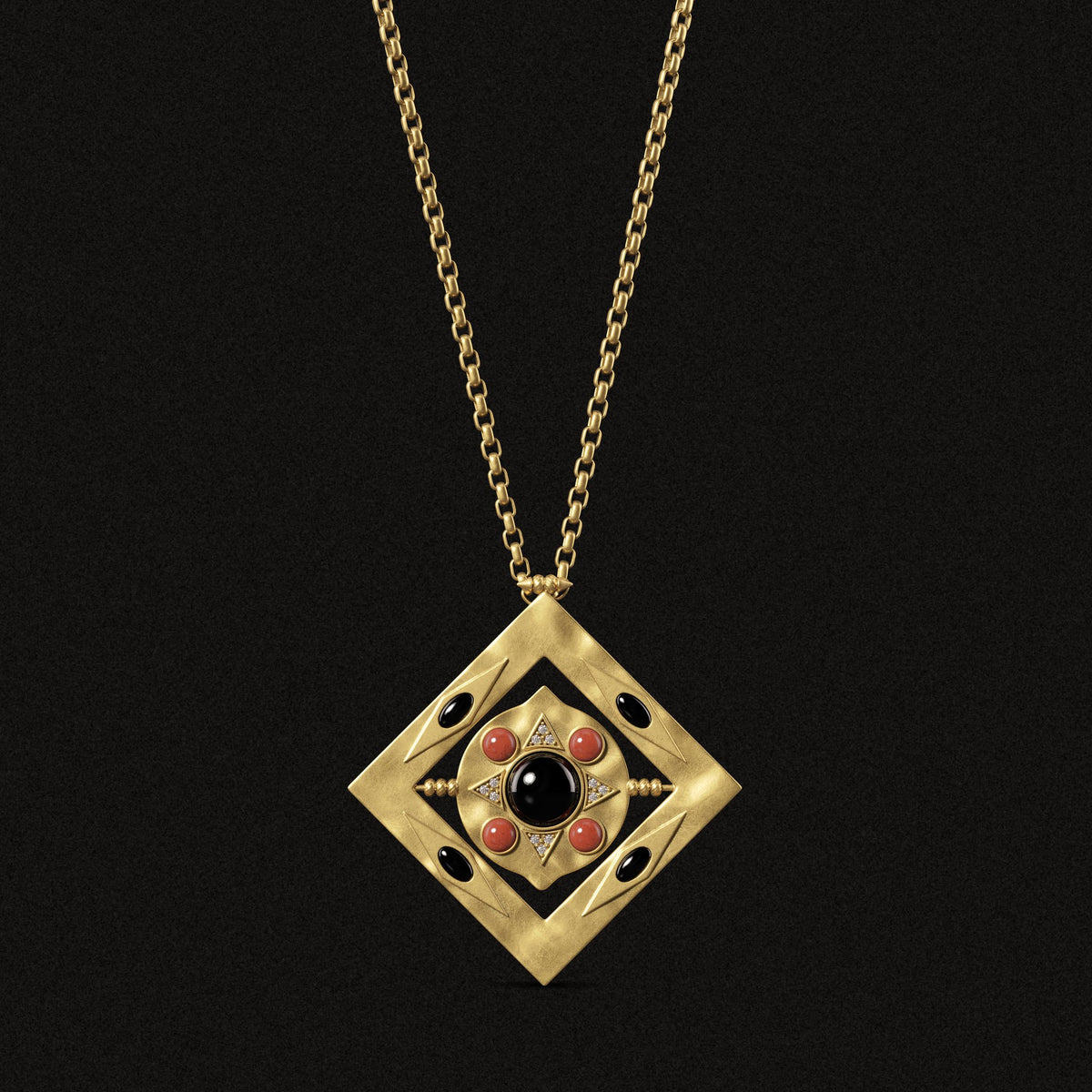 Hathor Spinning Pendant Necklace in black onyx and gold, front view on a black background