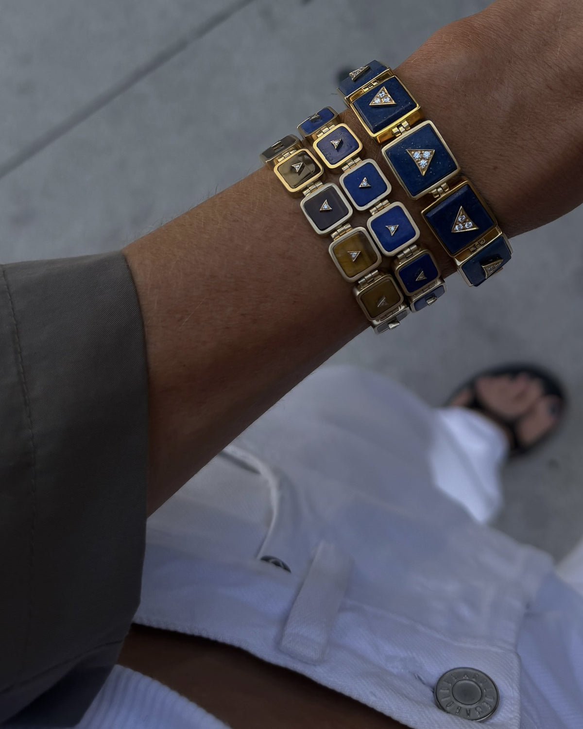 Nova Crystal Stacker Bracelets in tiger's eye and blue lapis stacked on one wrist
