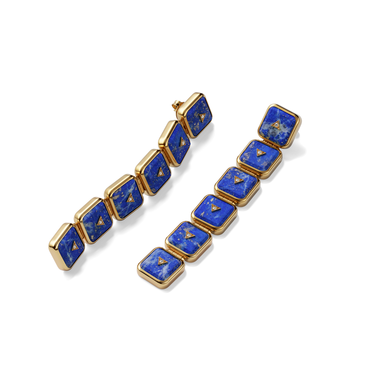 House of Harlow Nova Stacker Drop Earrings in 14k gold with blue lapis and white diamonds, flat lay