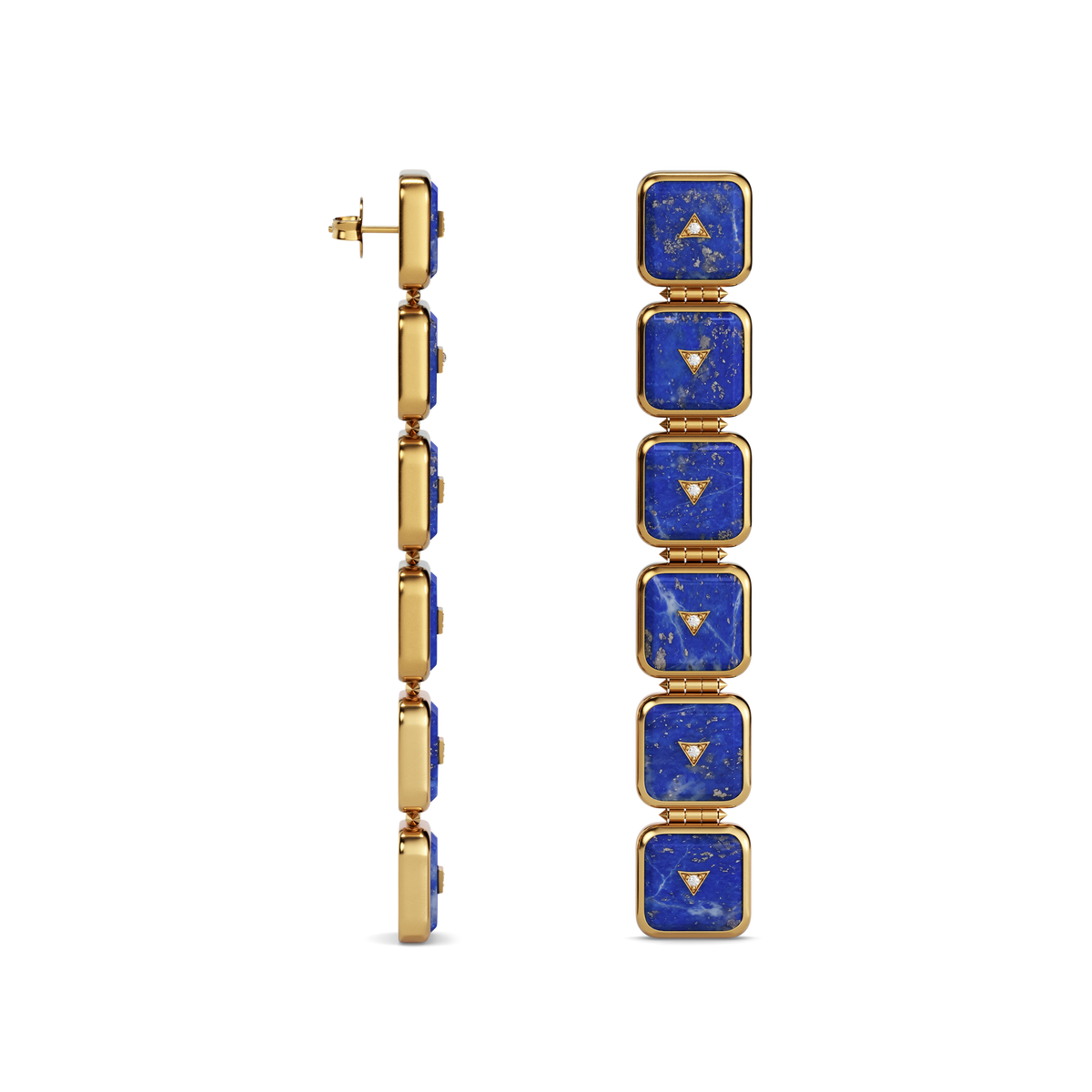 House of Harlow Nova Stacker Drop Earrings in 14k gold with blue lapis and white diamonds, side view