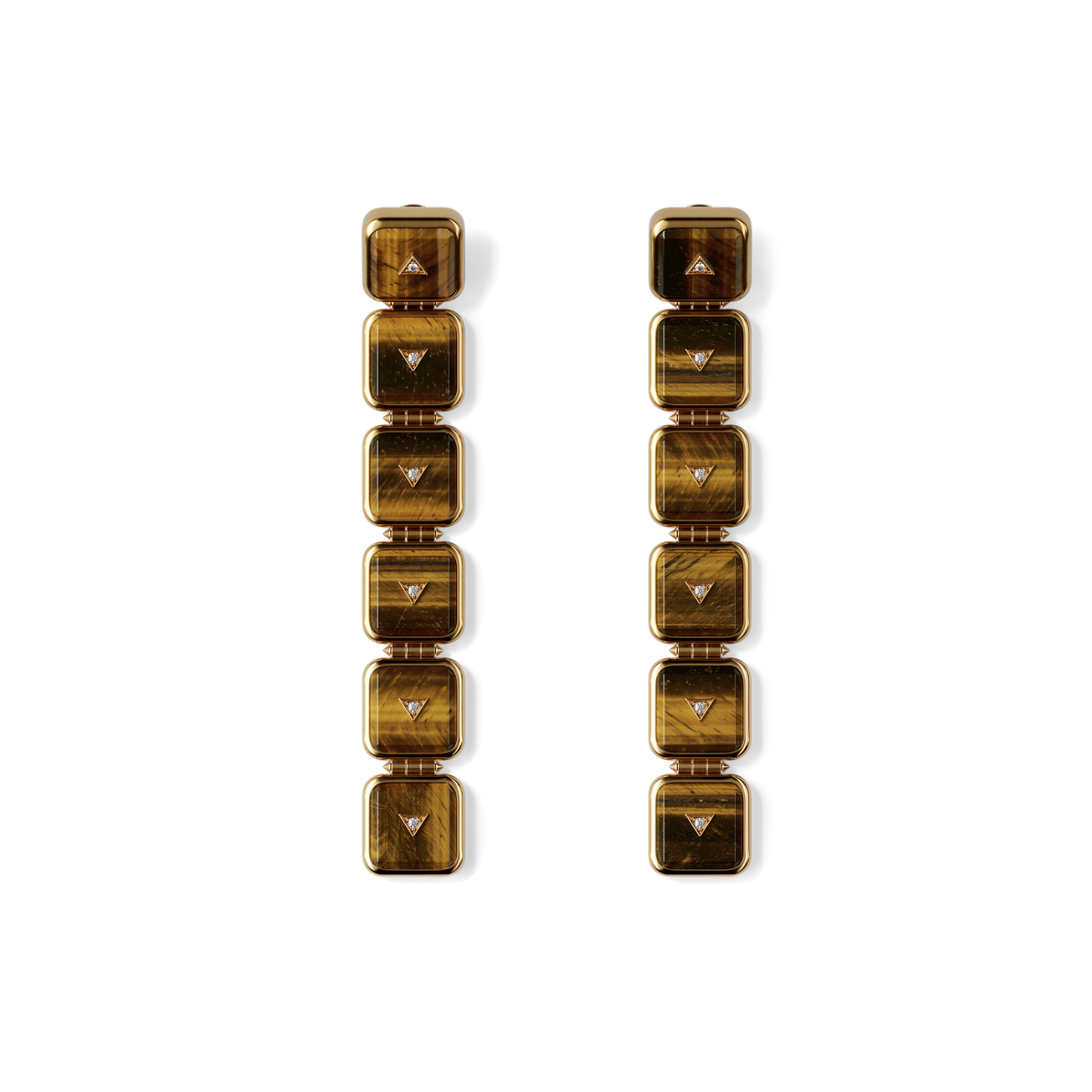 House of Harlow Nova Stacker Drop Earrings in 14k gold with tiger's eye and white diamonds, front view