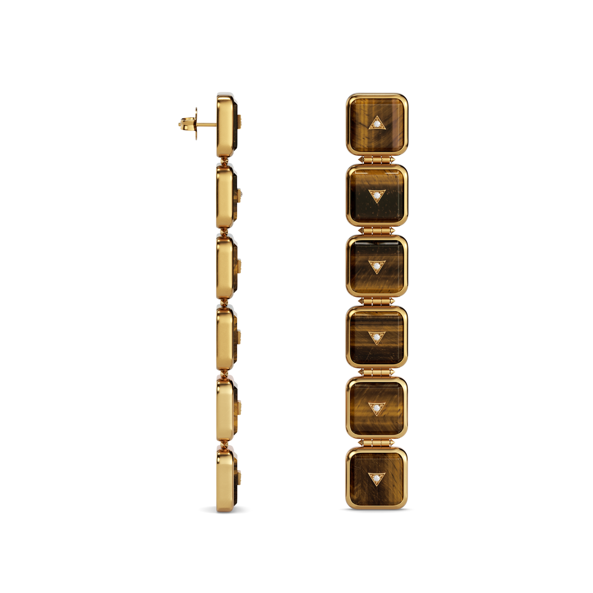 House of Harlow Nova Stacker Drop Earrings in 14k gold with tiger's eye and white diamonds, side view