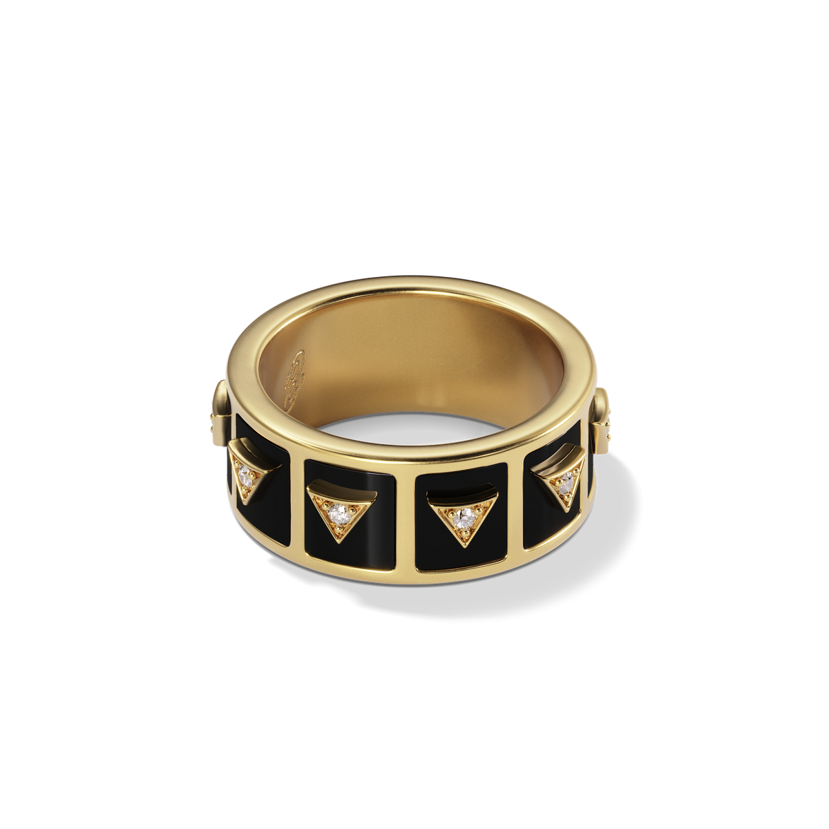 Nova Stacker Ring in 14k yellow gold with black onyx, three-quarter view