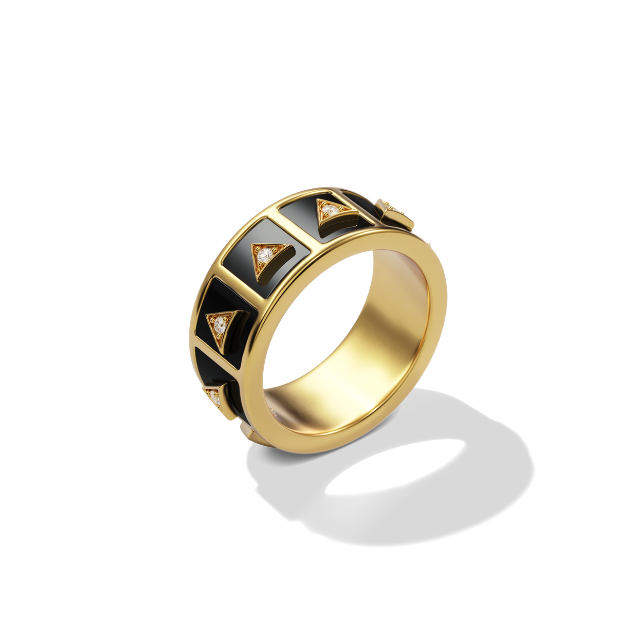 Nova Stacker Ring in 14k yellow gold with black onyx, upright three-quarter view