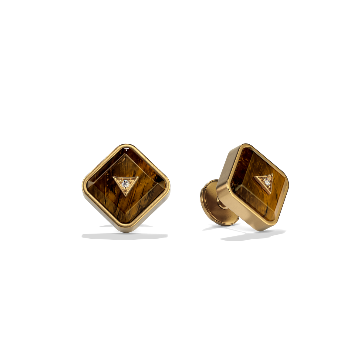 House of Harlow Nova Stud Earrings in 14k gold with tiger's eye and white diamonds, three-quarter view