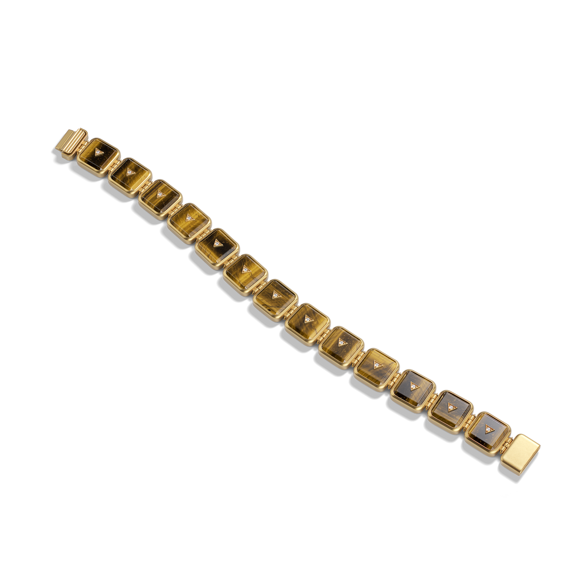 House of Harlow Petite Nova Stacker Bracelet in 14k gold with tiger's eye and white diamonds, flat lay