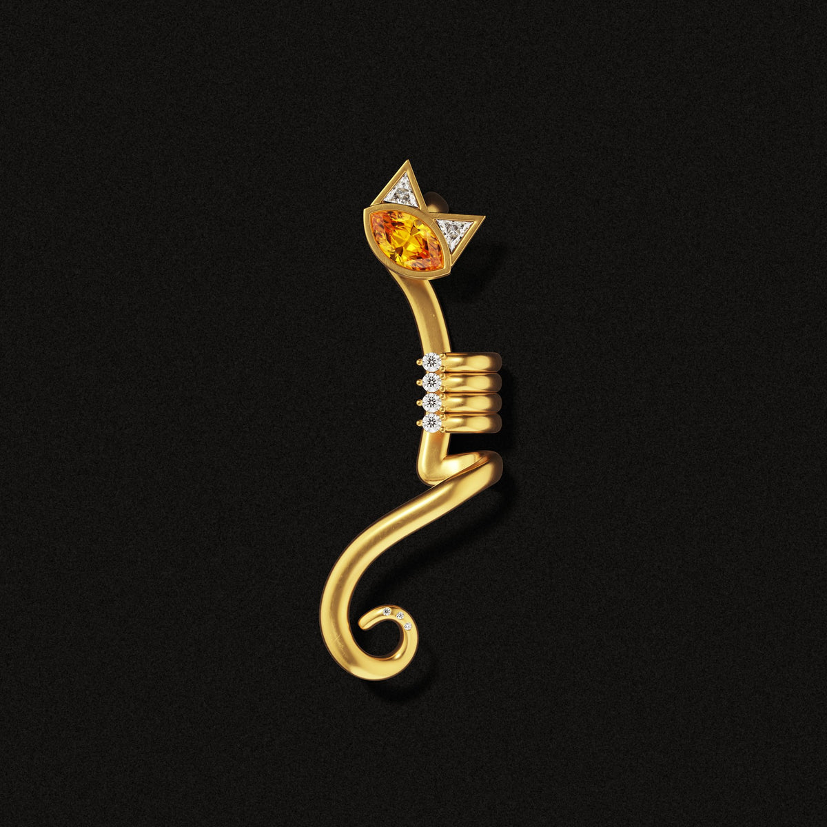 Tigerlily Claw Ear Cuff in citrine and gold with white diamonds, front view on a black background