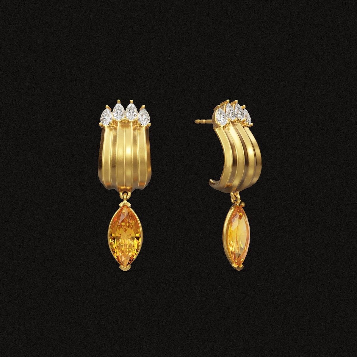 Tigerlily Claw Earrings in citrine and gold with white diamonds, three-quarter view on a black background