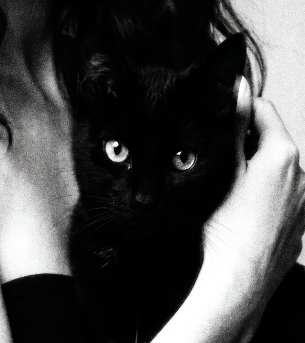 Black and white portrait of a woman holding a black cat close to her face, wearing a House of Harlow bracelet.
