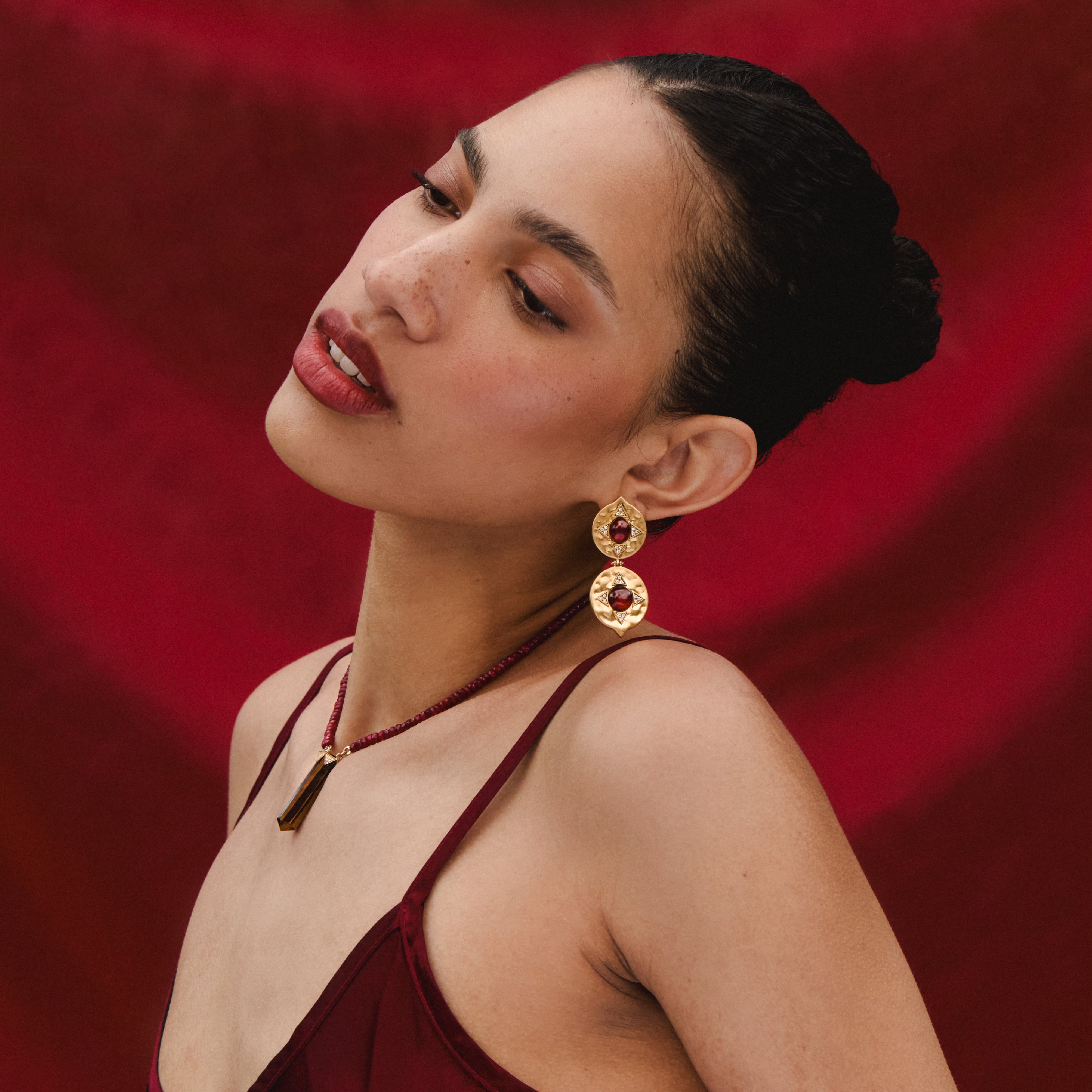 The Coin Double Garnet Drop Earrings x McMullen