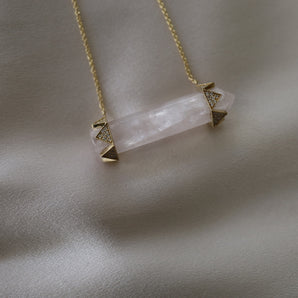 Rose Quartz Horizontal  Diamond Crown Necklace