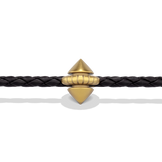 Close-up of the gold signature stud on the braided leather of the Harlow Stud Leather Bracelet
