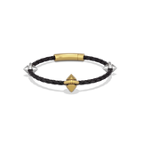 Harlow Stud Leather Bracelet, a black braided leather cord with a gold signature stud and silver studs, front view