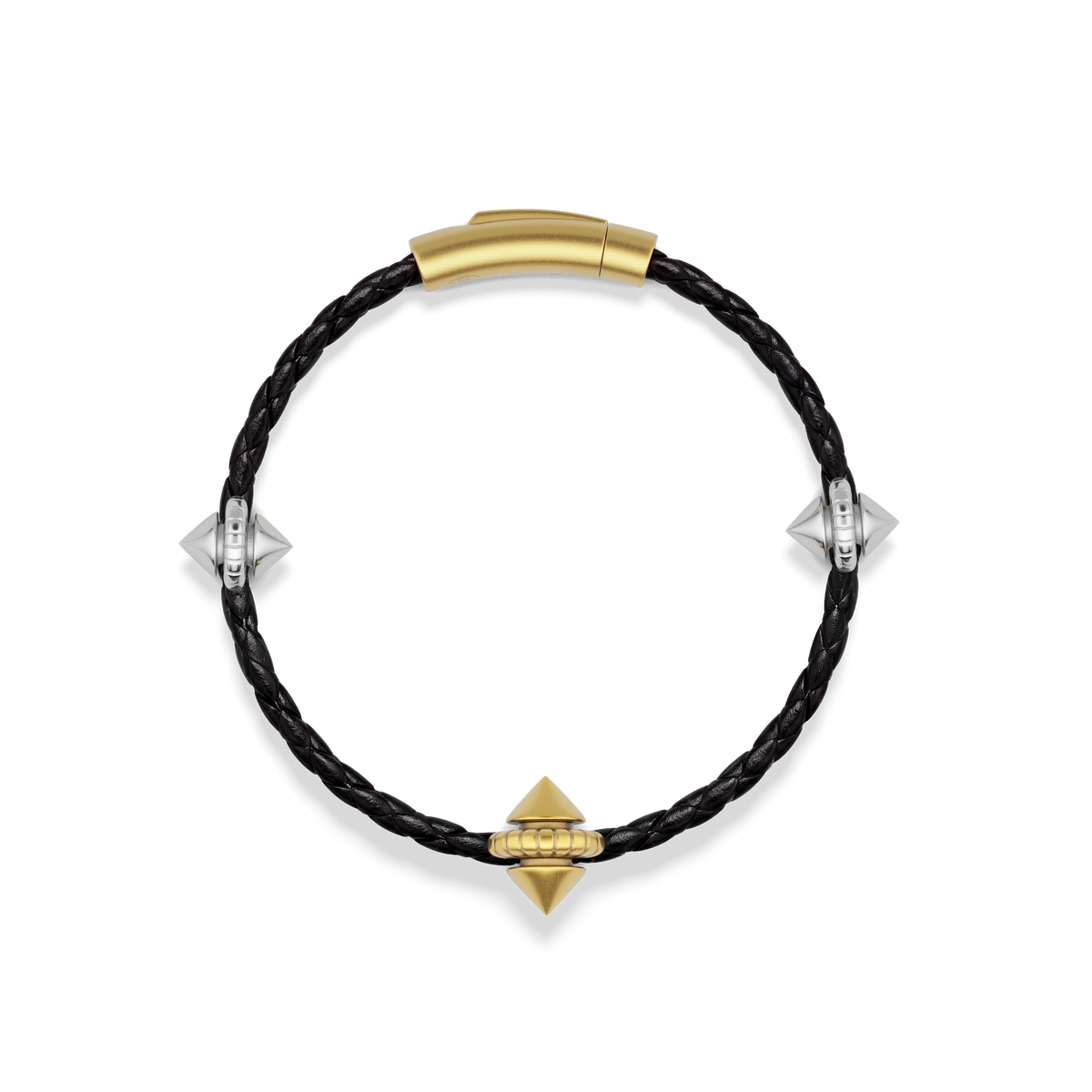 Harlow Stud Leather Bracelet laid flat from above, showing the full braided cord, clasp and studs