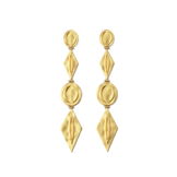 Harlow Arch Drop Earrings in 14k gold plate, three hammered arch and disc elements in a line drop, front view