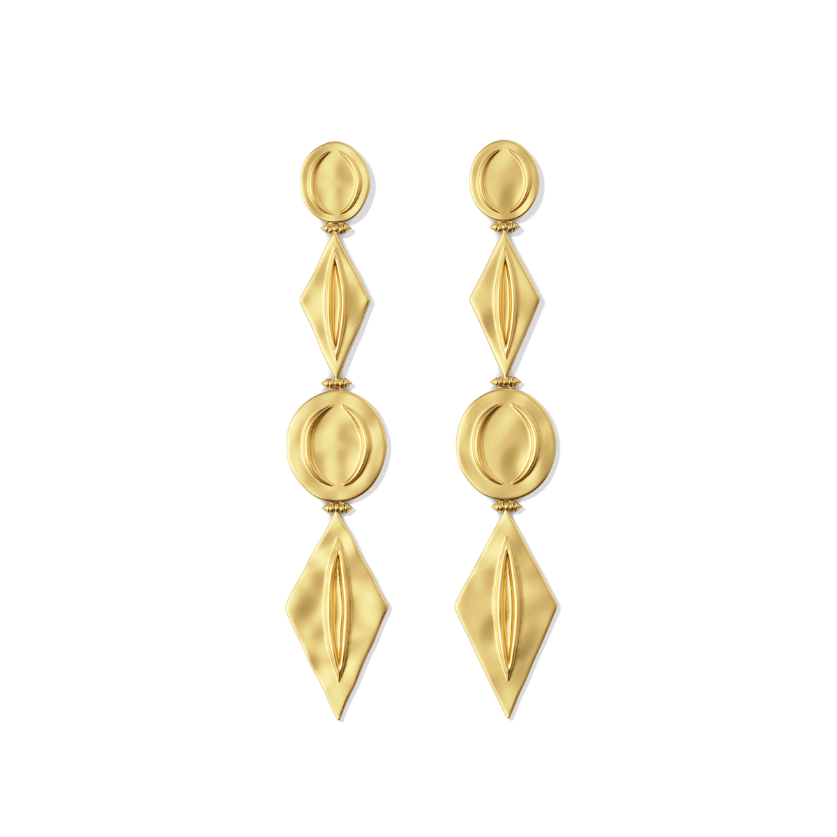 Harlow Arch Drop Earrings in 14k gold plate, three hammered arch and disc elements in a line drop, front view