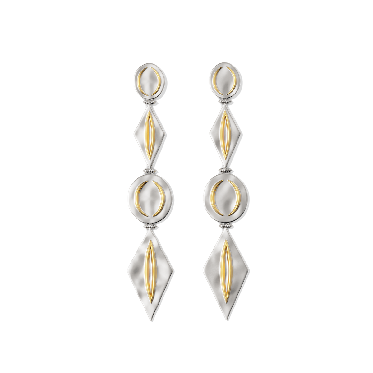 Harlow Arch Drop Earrings in sterling silver with 14k gold plate accents, three hammered arch and disc elements in a line drop, front view