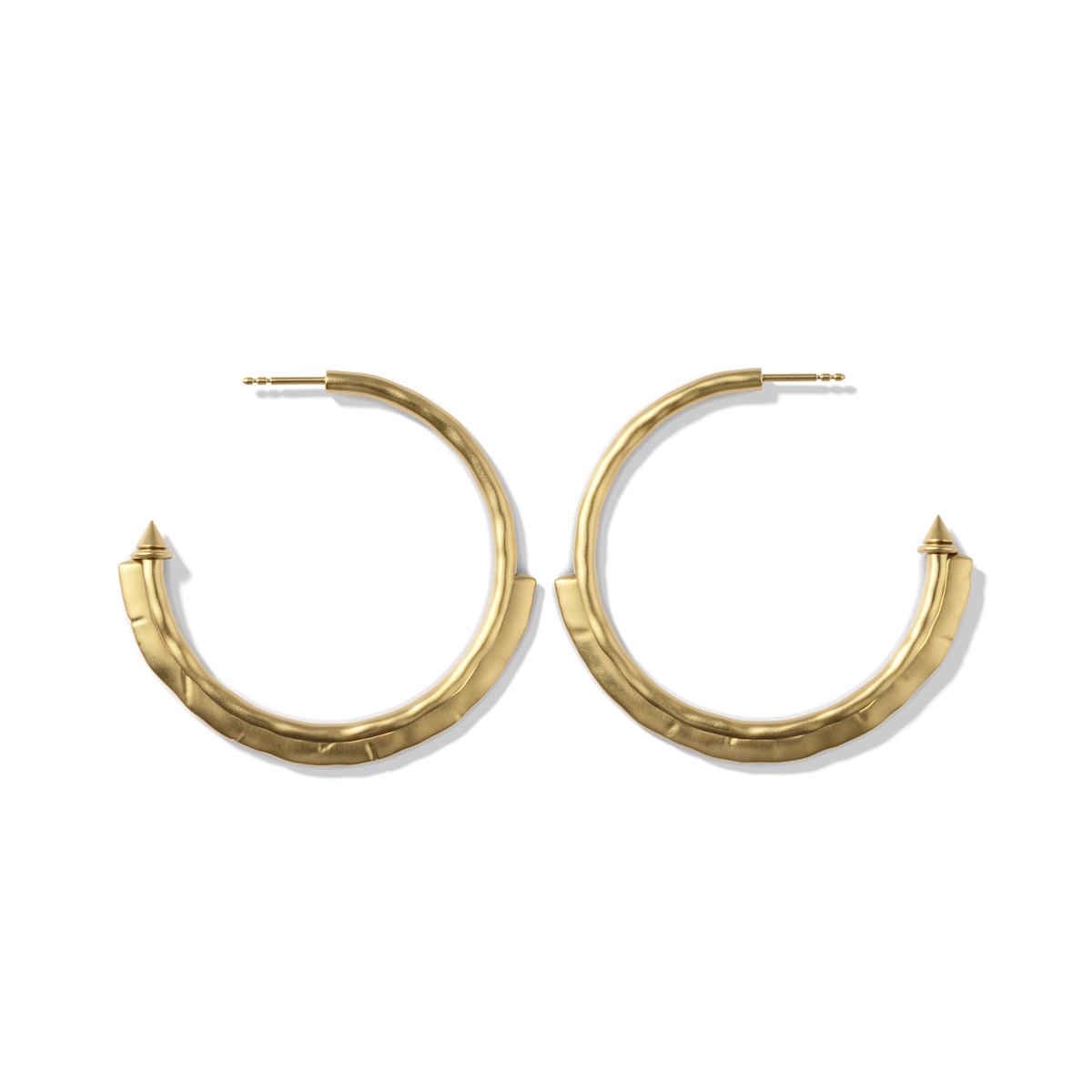 Harlow Arch Hoop Earrings in 14k gold plate, open hoops with a hammered arch and a pointed stud end